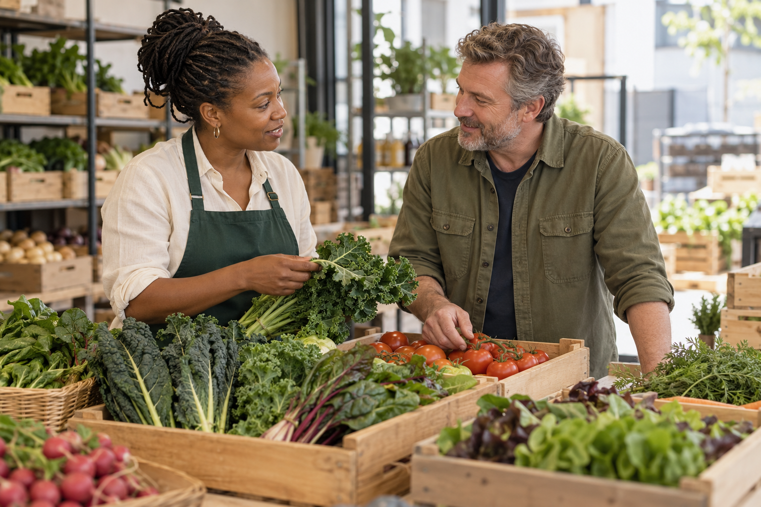 Illustrative restaurant buyer and produce supplier discussing vegetables at a food counter