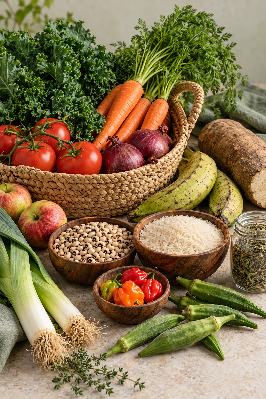 Illustrative basket of vegetables, plantains, yam, rice, beans and seasonings